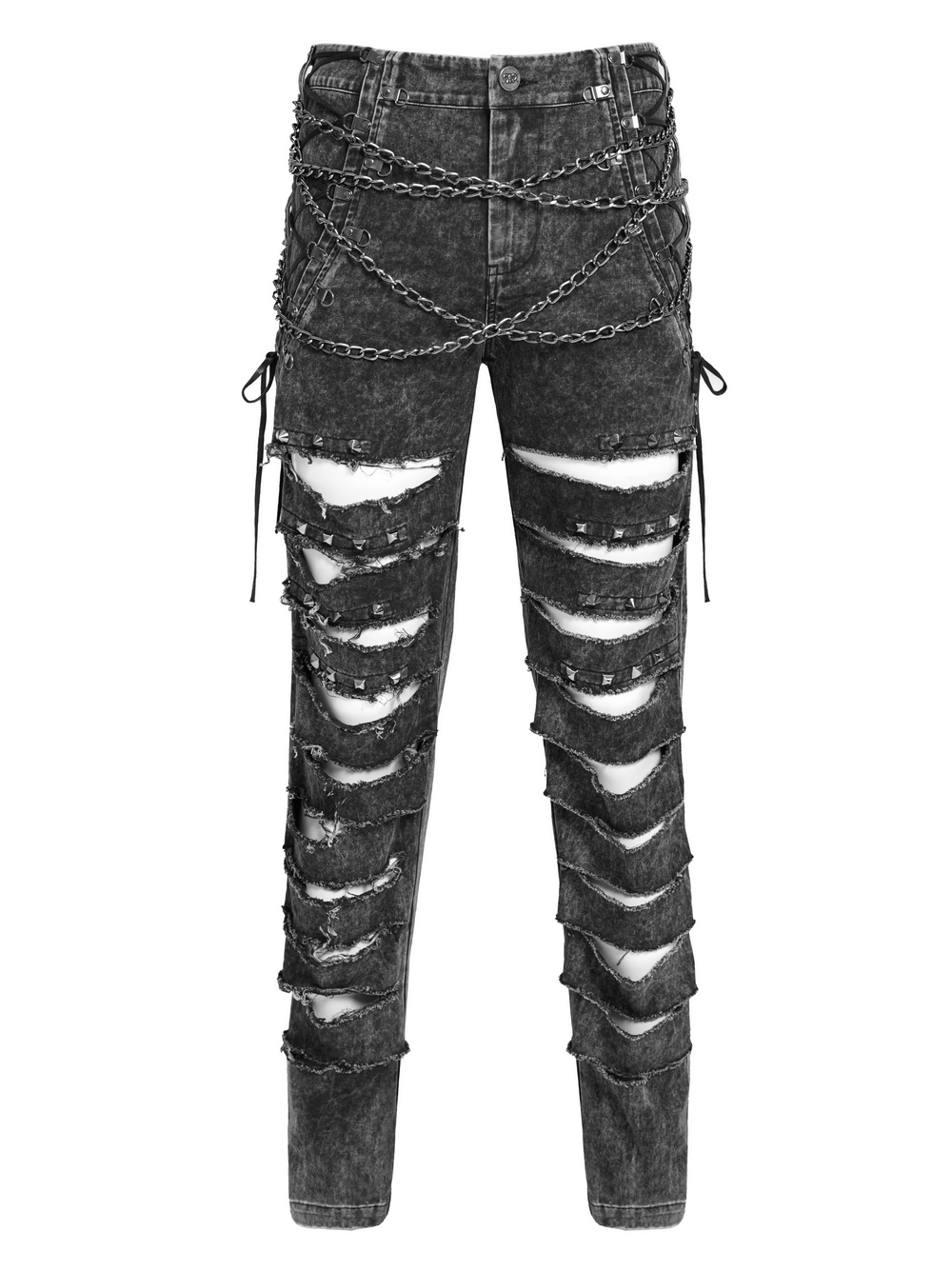 Grunge style black ripped pants with chains and stud details, showcasing extreme leg slashes and lace-up sides.