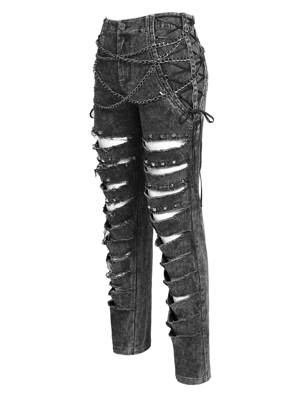 Grunge style male ripped pants with chain details and distressed legs, perfect for a punk-inspired outfit.