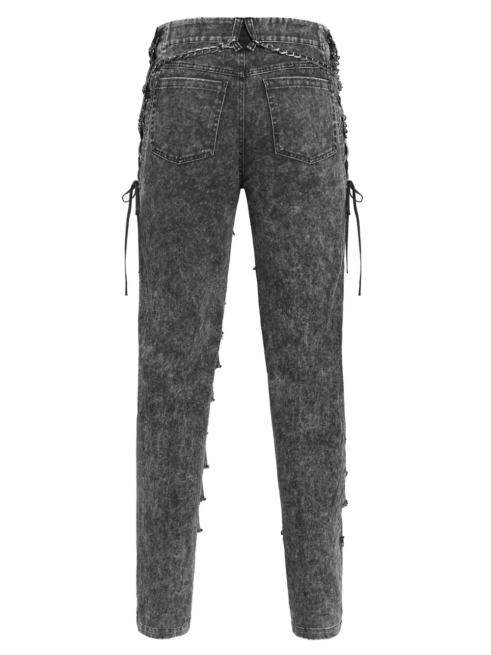 Back view of male ripped legs pants with chain and stud details in distressed black denim, showcasing lace-up sides.