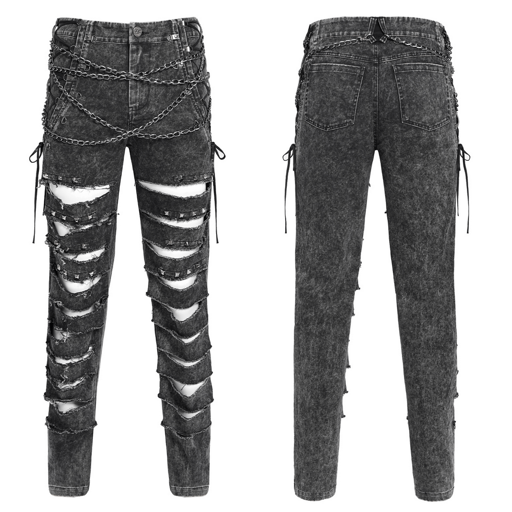 Grunge style ripped male pants with chains and shredded denim for a bold gothic look.