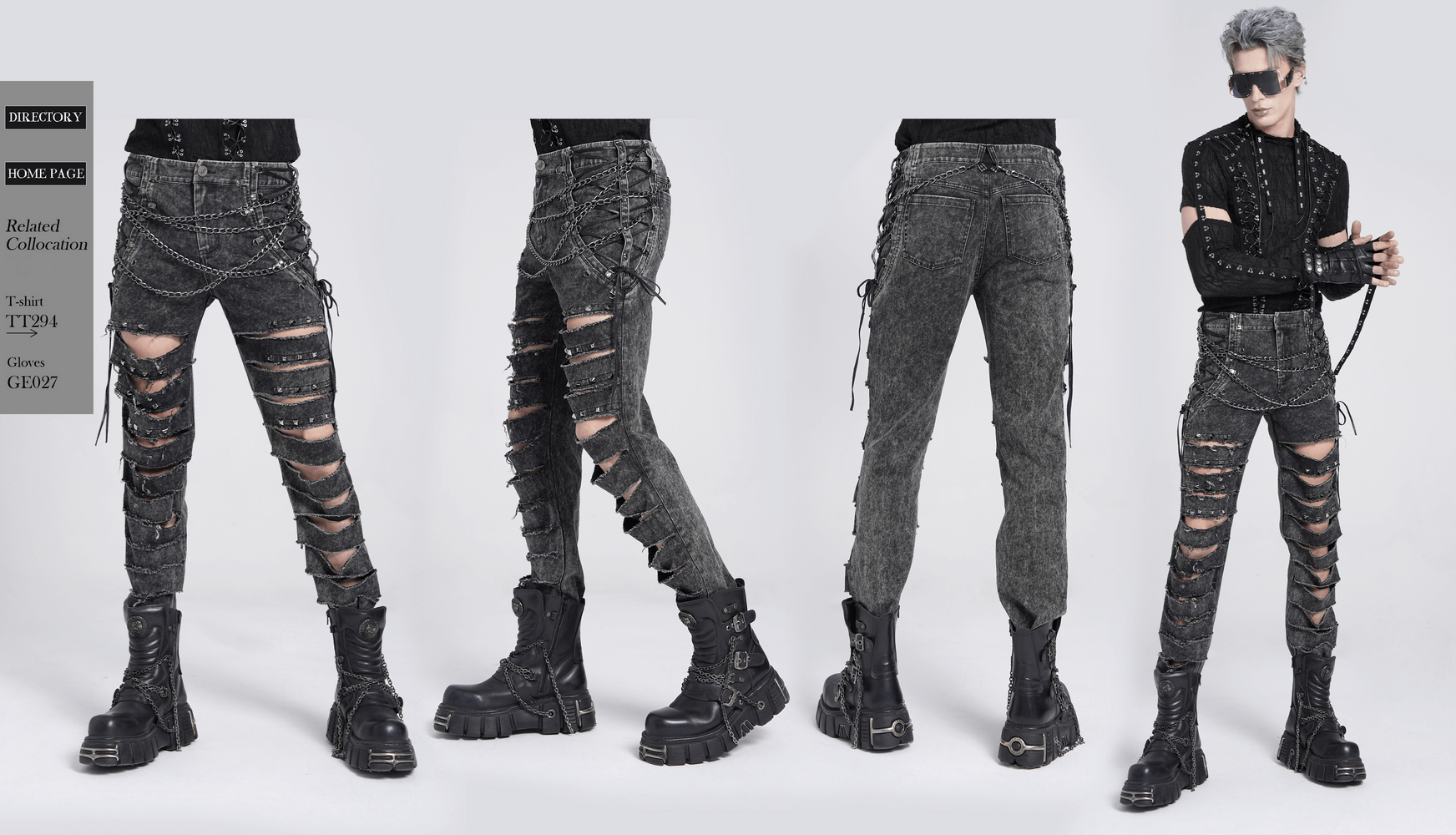 Grunge style male ripped pants with chains, studs, and extreme slashes for a bold, rebellious look.