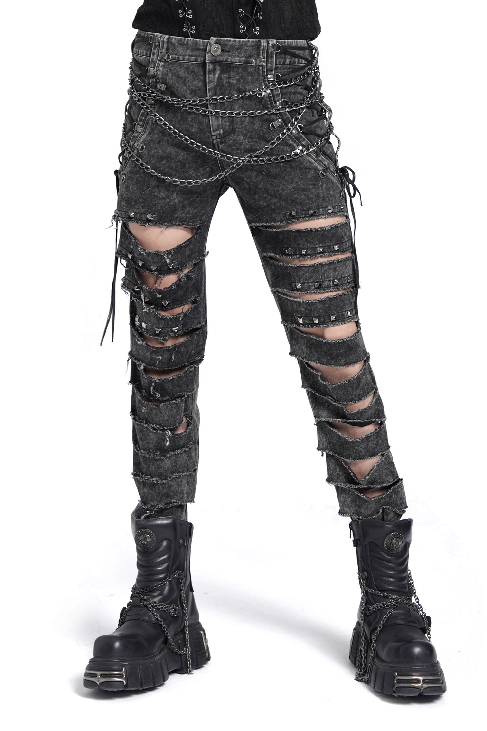 Male ripped denim pants with chains and distressed details, showcasing a grunge gothic style and punk edge.