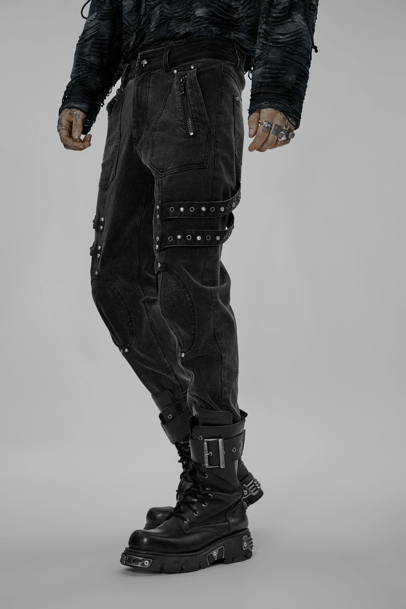 Male rugged denim cargo pants with edgy knee patches, styled with bold black boots.