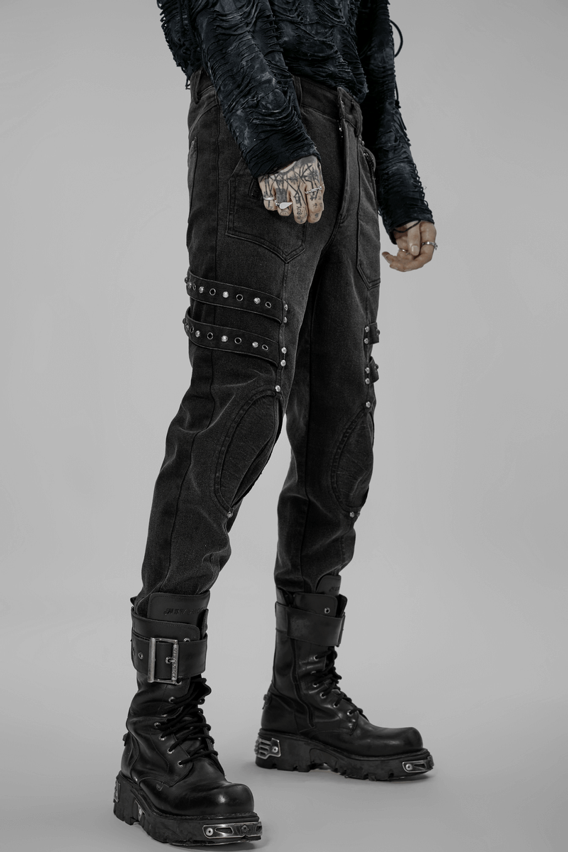 Male rugged denim cargo pants with edgy knee patches, styled for a post-apocalyptic fashion vibe.