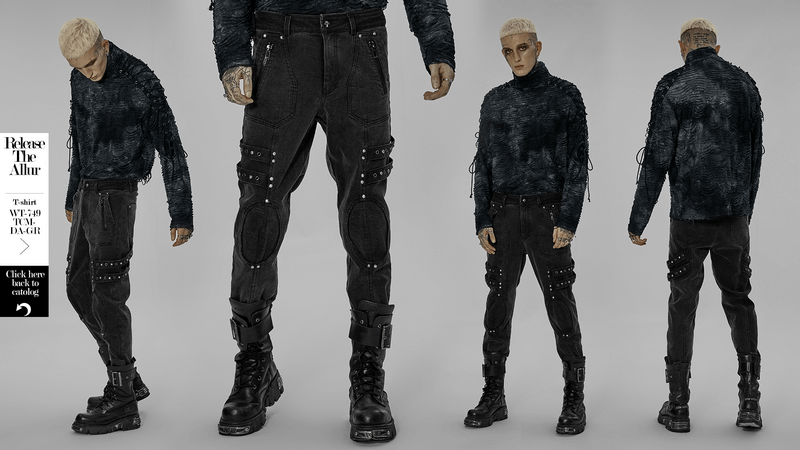 Male rugged denim cargo pants with edgy knee patches for a post-apocalyptic fashion statement.