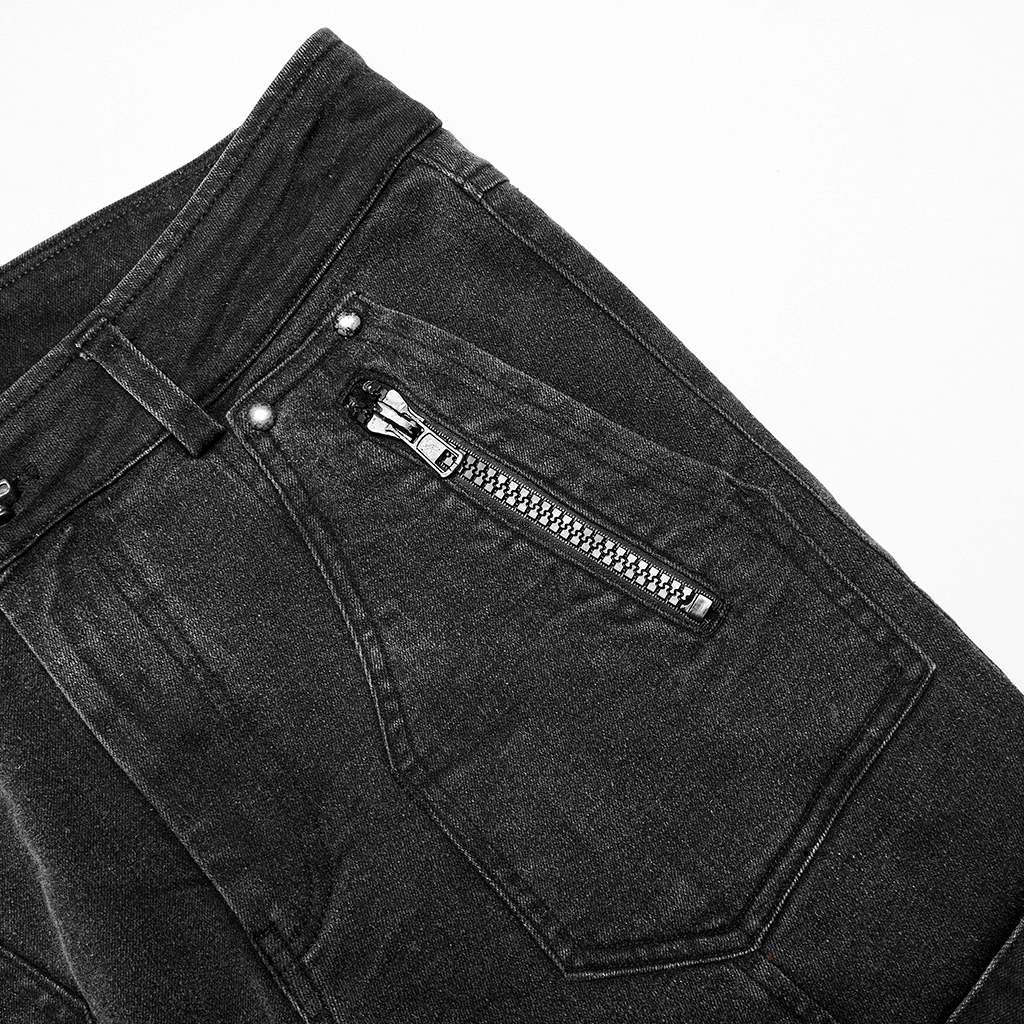 Close-up of rugged denim cargo pants with edgy zipper pocket, showcasing durable post-apocalyptic style.