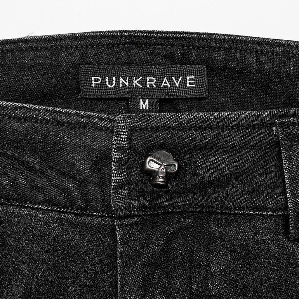 Close-up of Punkrave male denim cargo pants with skull button and label, showcasing edgy design and style.