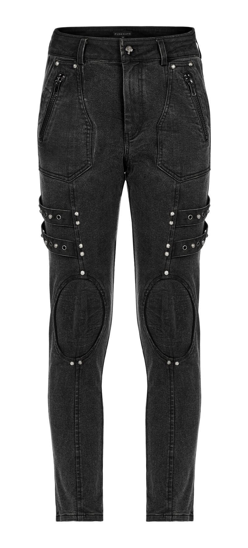 Male rugged denim cargo pants with edgy knee patches and decorative loops for post-apocalyptic style.