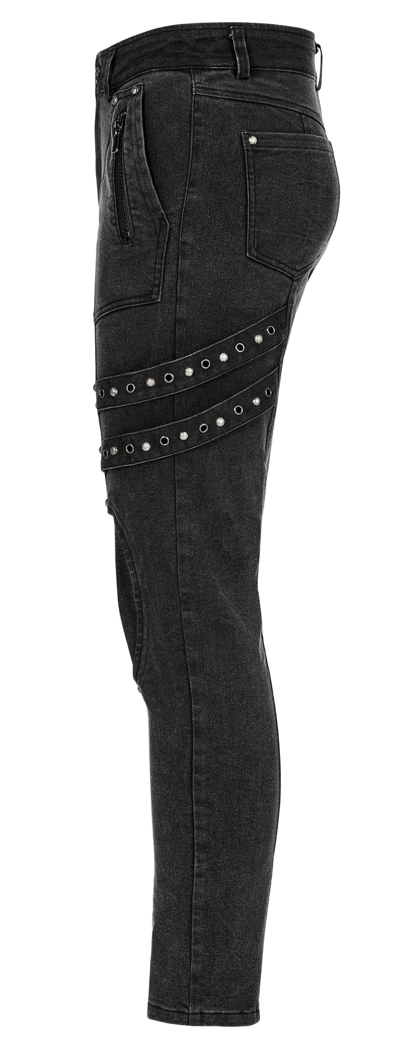 Stylish male rugged denim cargo pants featuring edgy knee patches and metallic details, perfect for a post-apocalyptic look.