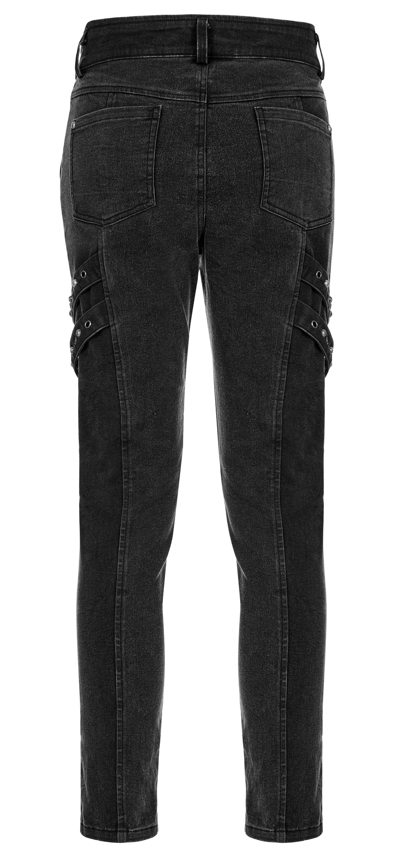 Stylish male rugged denim cargo pants with edgy knee patches and decorative loops, perfect for a post-apocalyptic look.