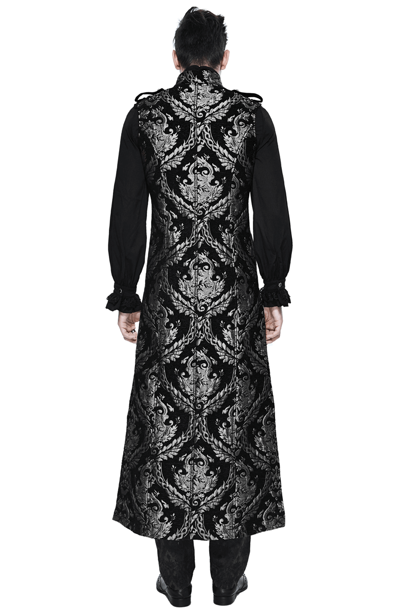 Male Silver Embroidery Long Sleeveless Long Coat in Gothic Style / Steampunk Vintage Outerwear for Men - HARD'N'HEAVY