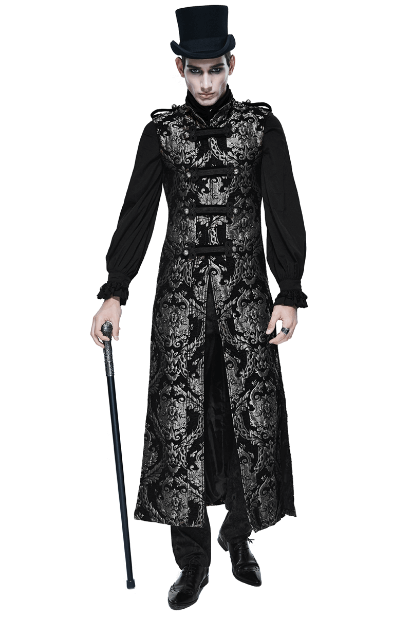 Male Silver Embroidery Long Sleeveless Long Coat in Gothic Style / Steampunk Vintage Outerwear for Men - HARD'N'HEAVY