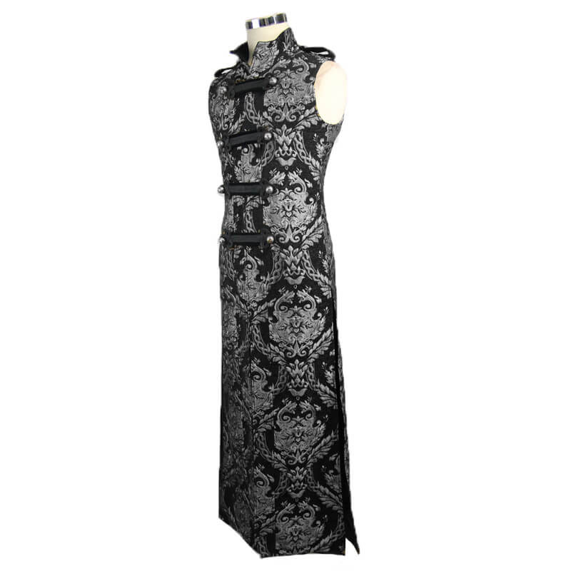 Male Silver Embroidery Long Sleeveless Long Coat in Gothic Style / Steampunk Vintage Outerwear for Men - HARD'N'HEAVY