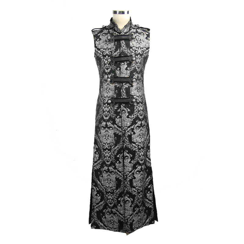 Male Silver Embroidery Long Sleeveless Long Coat in Gothic Style / Steampunk Vintage Outerwear for Men - HARD'N'HEAVY