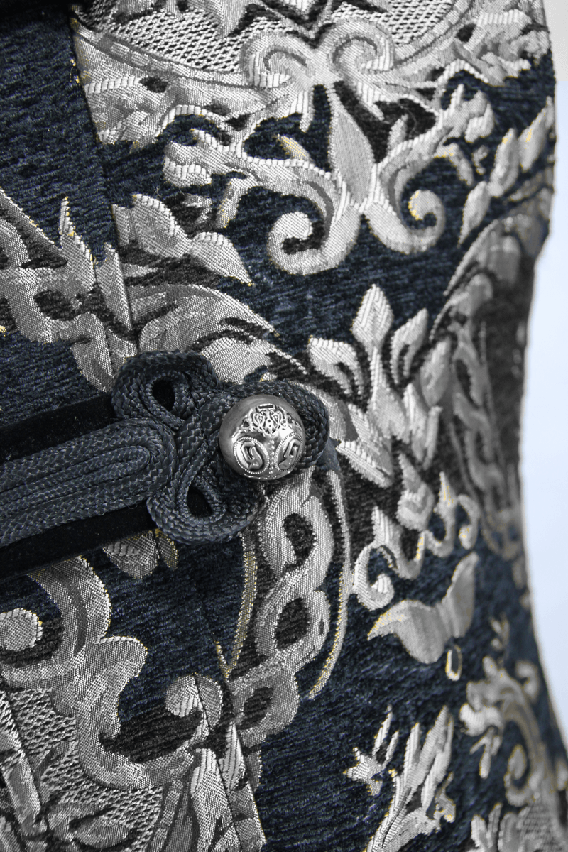Close-up of silver embroidered details on men's gothic long coat, showcasing stylish patterns and elegant button.