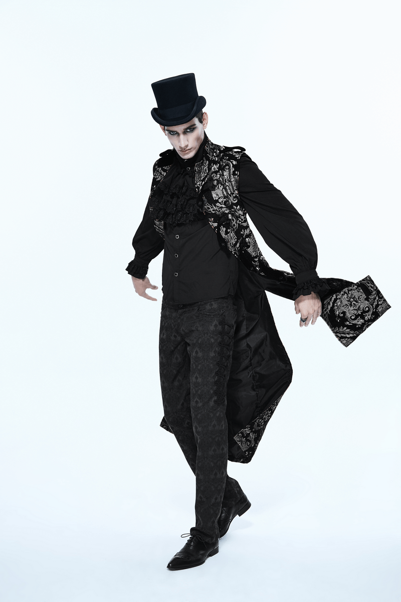 Male Silver Embroidery Long Sleeveless Long Coat in Gothic Style / Steampunk Vintage Outerwear for Men - HARD'N'HEAVY