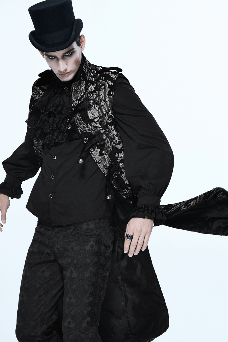 Men's Gothic Silver Embroidered Long Sleeveless Coat with Retro Cut and Elegant Design for Vintage Style