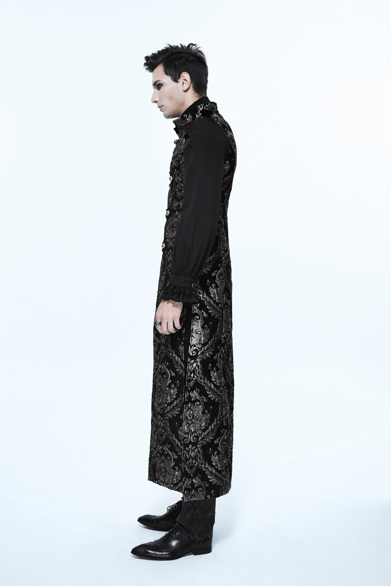 Men's gothic silver embroidered long sleeveless coat showcasing a vintage style with elegant detailing.
