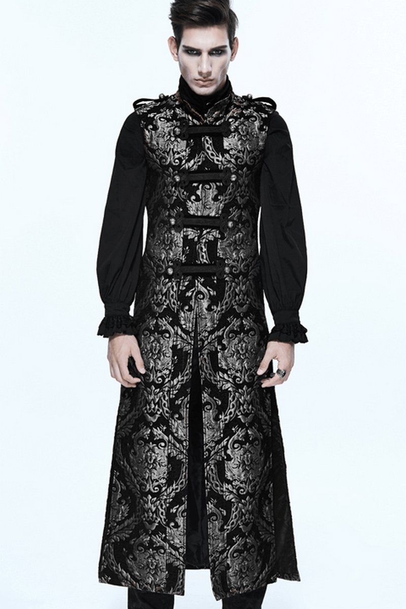 Male Silver Embroidery Long Sleeveless Long Coat in Gothic Style / Steampunk Vintage Outerwear for Men - HARD'N'HEAVY