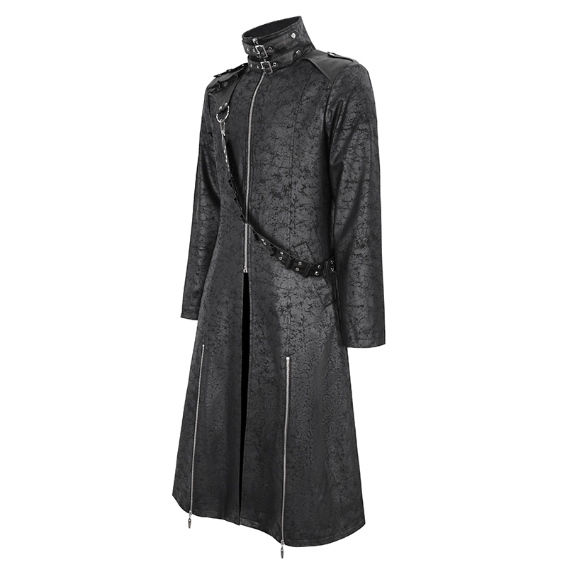 Men's long black stand collar trench coat with detachable crossbody strap for a stylish look.