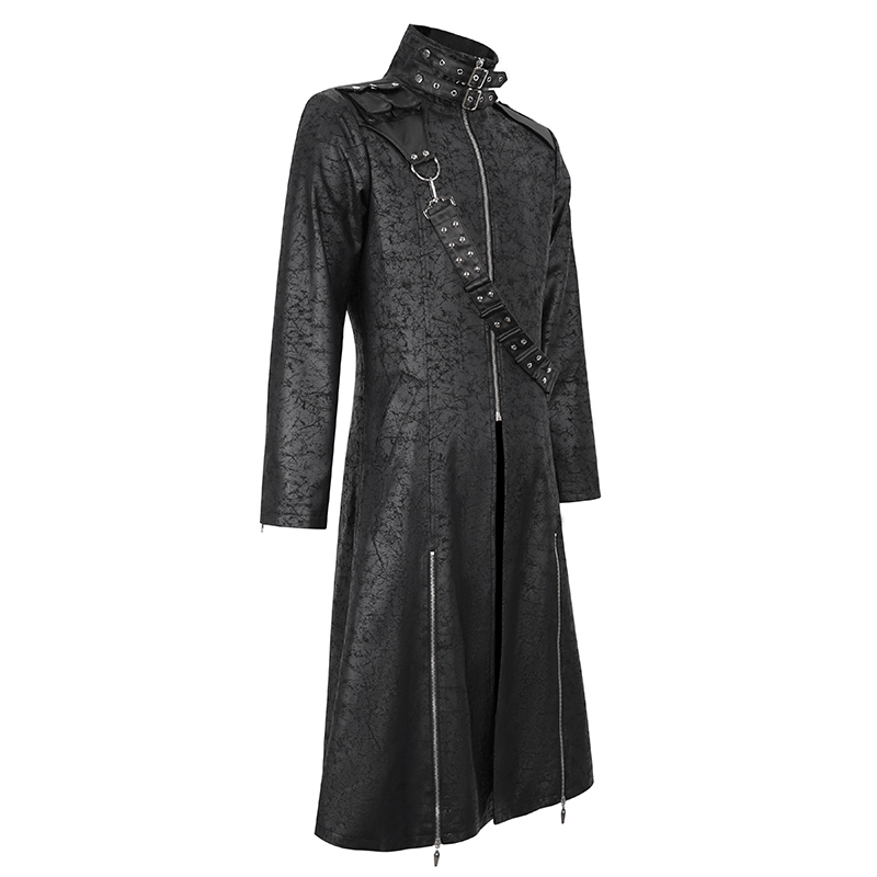 Men's stand collar split coat in black with detachable crossbody strap for a stylish alternative look.