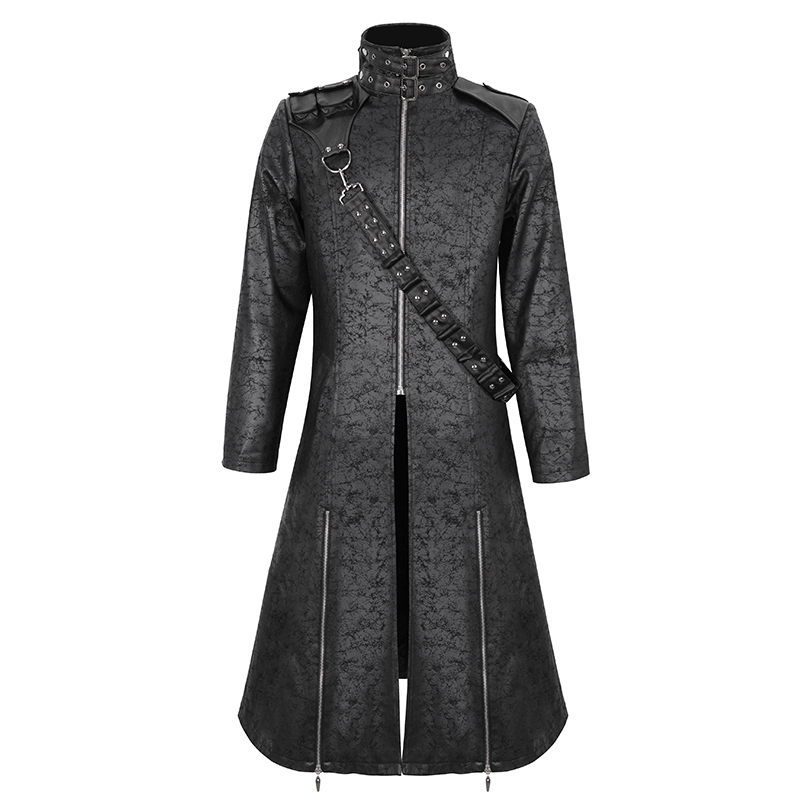 Male Stand Collar Split Coat with Detachable Crossbody Strap / Fashion Long Trench Coat for Men - HARD'N'HEAVY