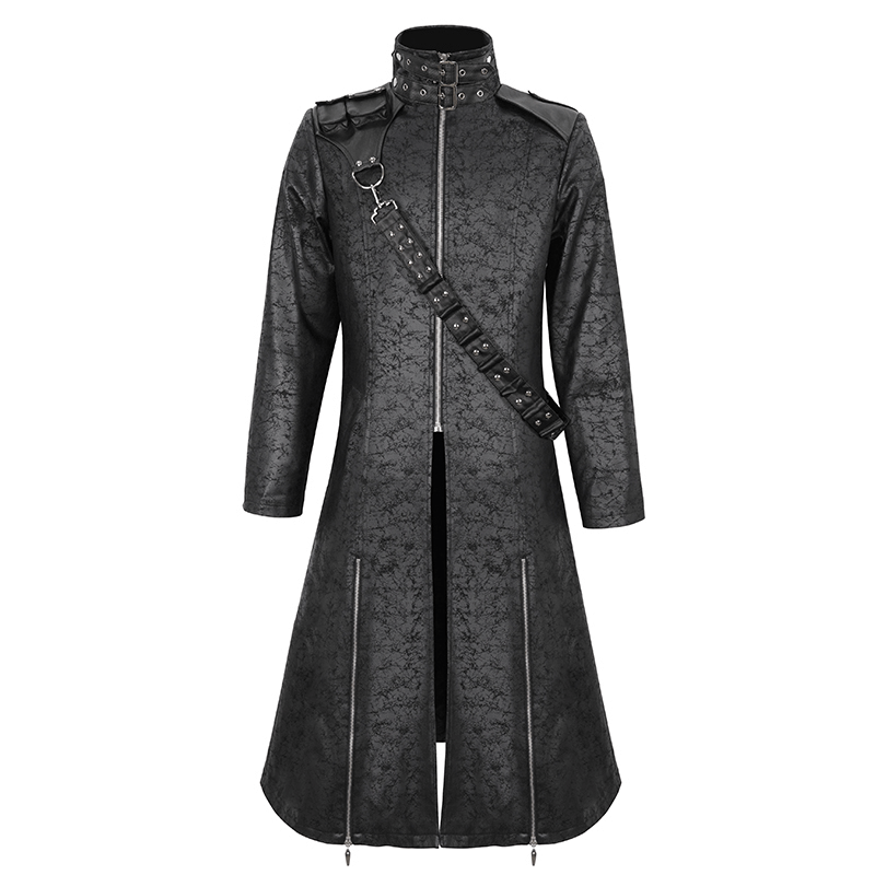 Stylish men's stand collar split coat with detachable crossbody strap, featuring a chic long trench coat design.