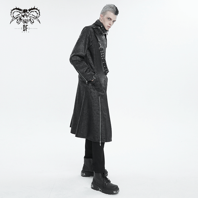 Male model wearing a black stand collar split coat with crossbody strap, showcasing alternative fashion style.