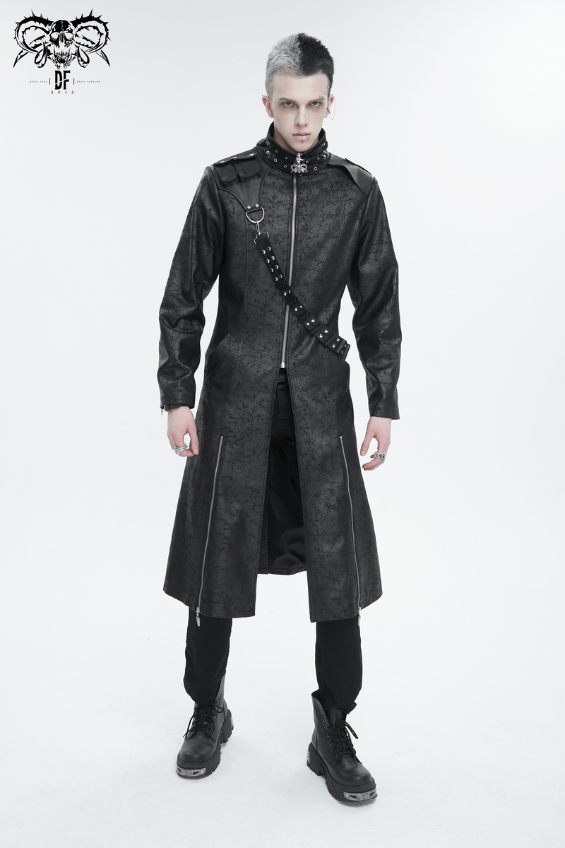Stylish male wearing a stand collar split coat with detachable strap, showcasing alternative elegance and edgy trench coat design.