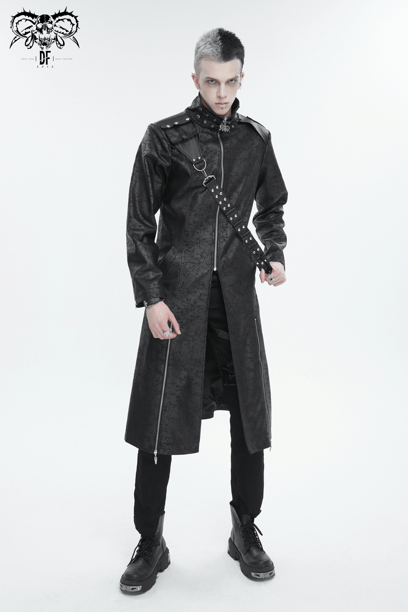 Men's stand collar split coat with detachable strap, exuding alternative elegance and chic trench style.