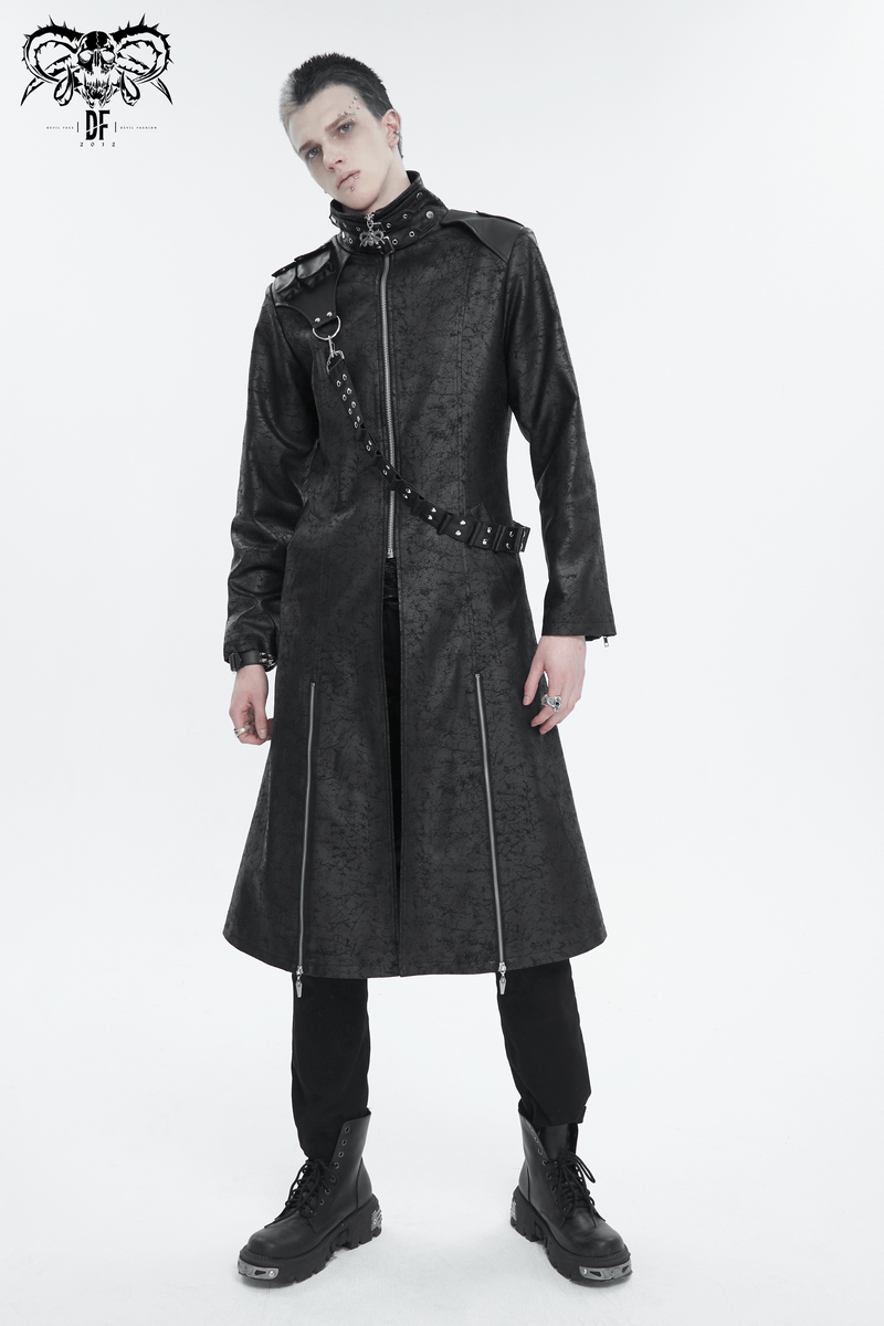 Men's long black trench coat with stand collar and detachable crossbody strap for an edgy look.