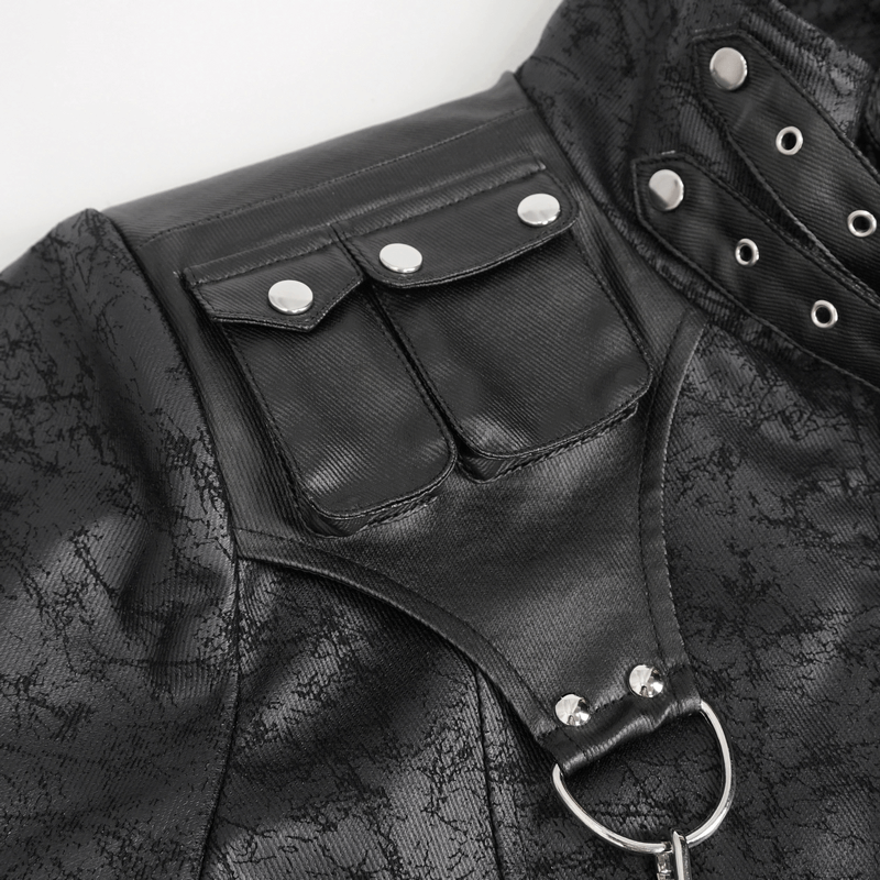 Close-up of black male stand collar split coat with edgy crossbody strap and detailed pockets.