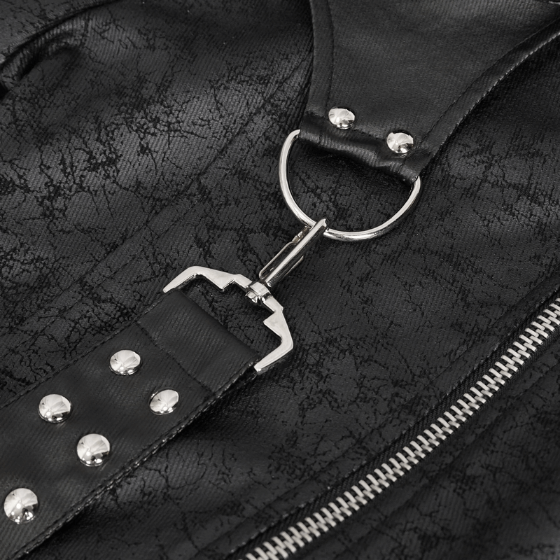 Close-up of the detachable crossbody strap with silver hardware on a stylish black trench coat.