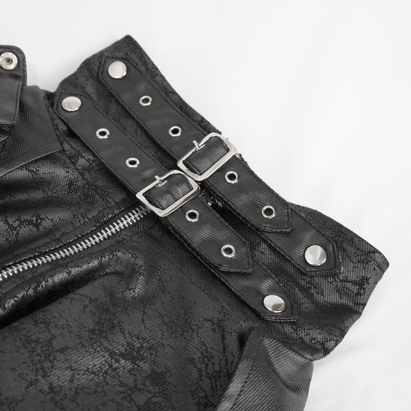 Close-up of a stylish male stand collar coat with silver buckles and zippers, showcasing alternative fashion design.
