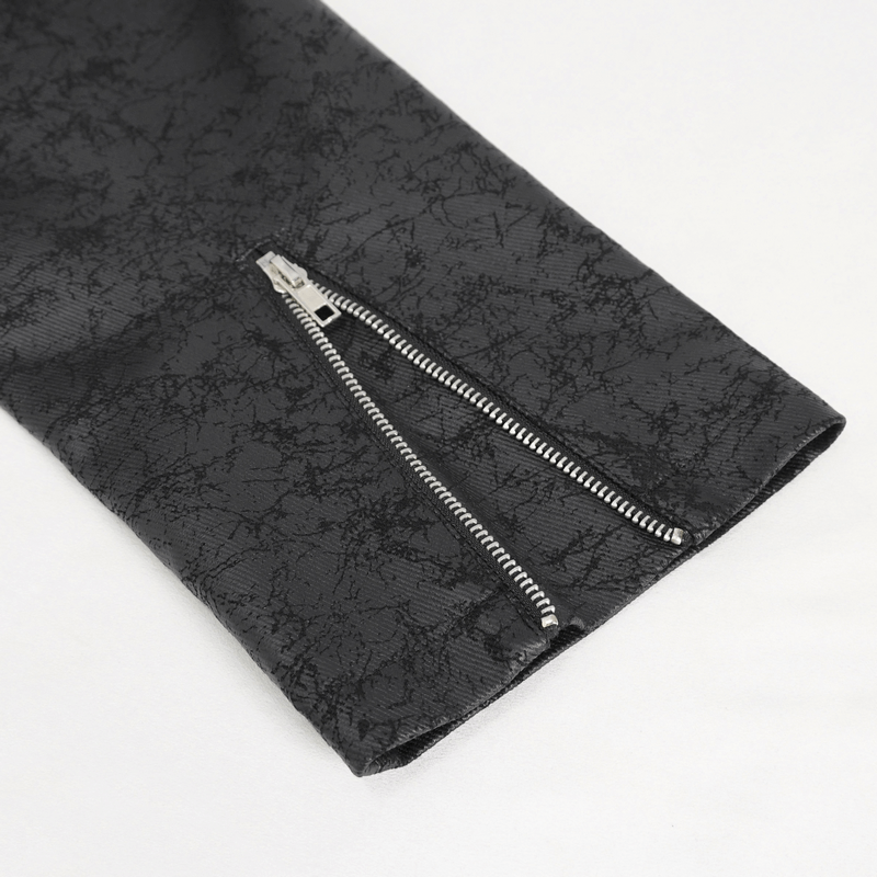 Close-up of a stylish black coat sleeve featuring dual zippers for a modern, edgy look.