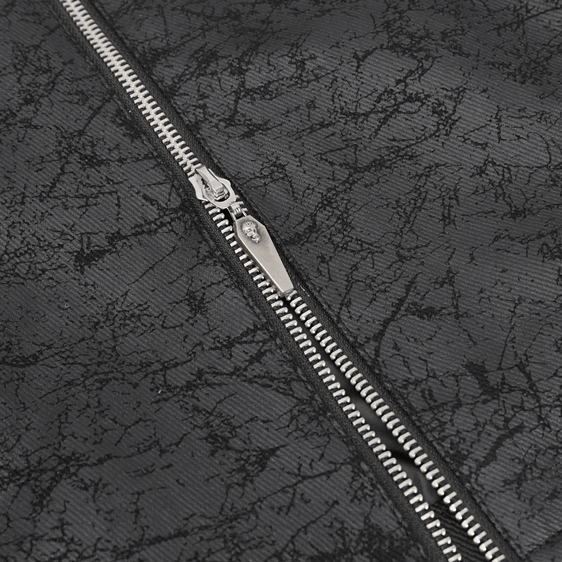 Close-up of a stylish black zip with metallic teeth on textured fabric, perfect for a modern trench coat.