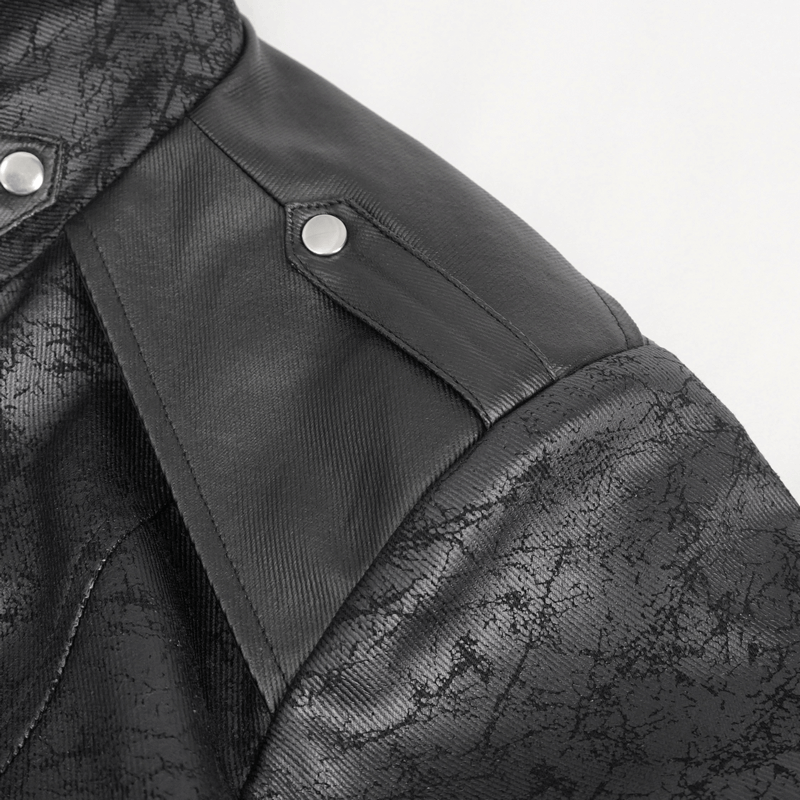 Detail of a male stand collar split coat showcasing stylish shoulder design and snap buttons.