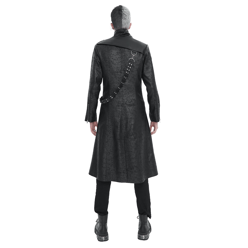 Male Stand Collar Split Coat with Detachable Crossbody Strap / Fashion Long Trench Coat for Men - HARD'N'HEAVY