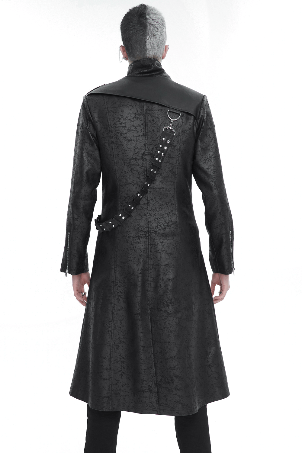 Back view of a stylish men's long trench coat with a unique stand collar and detachable crossbody strap.