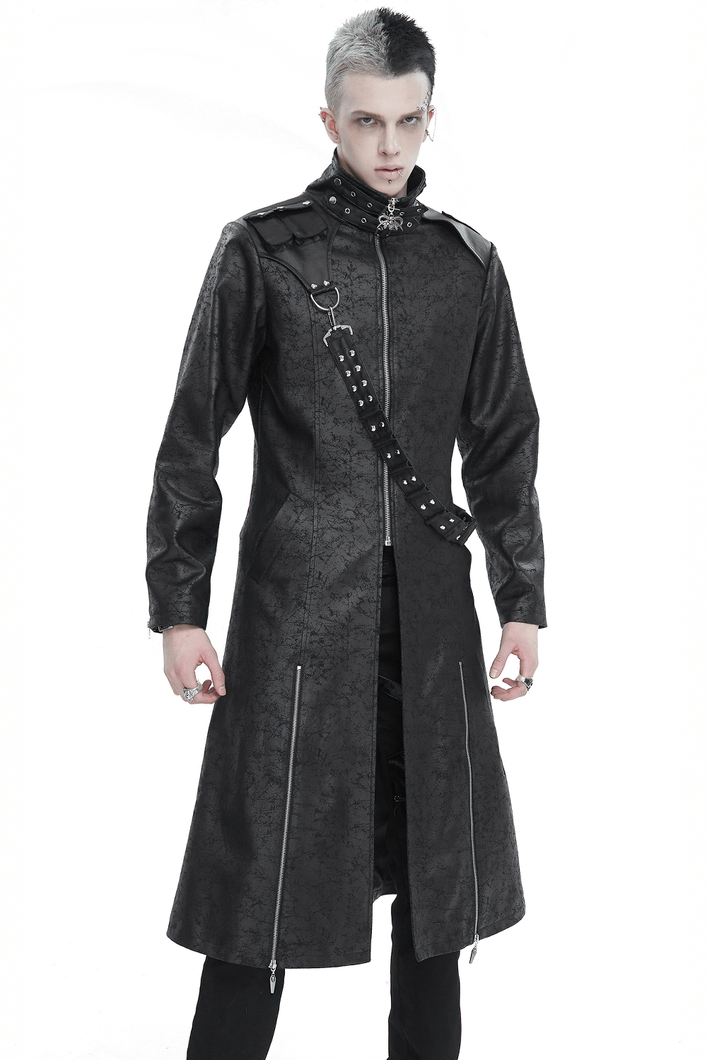 Men's long stand collar split coat with detachable strap for edgy alternative style.