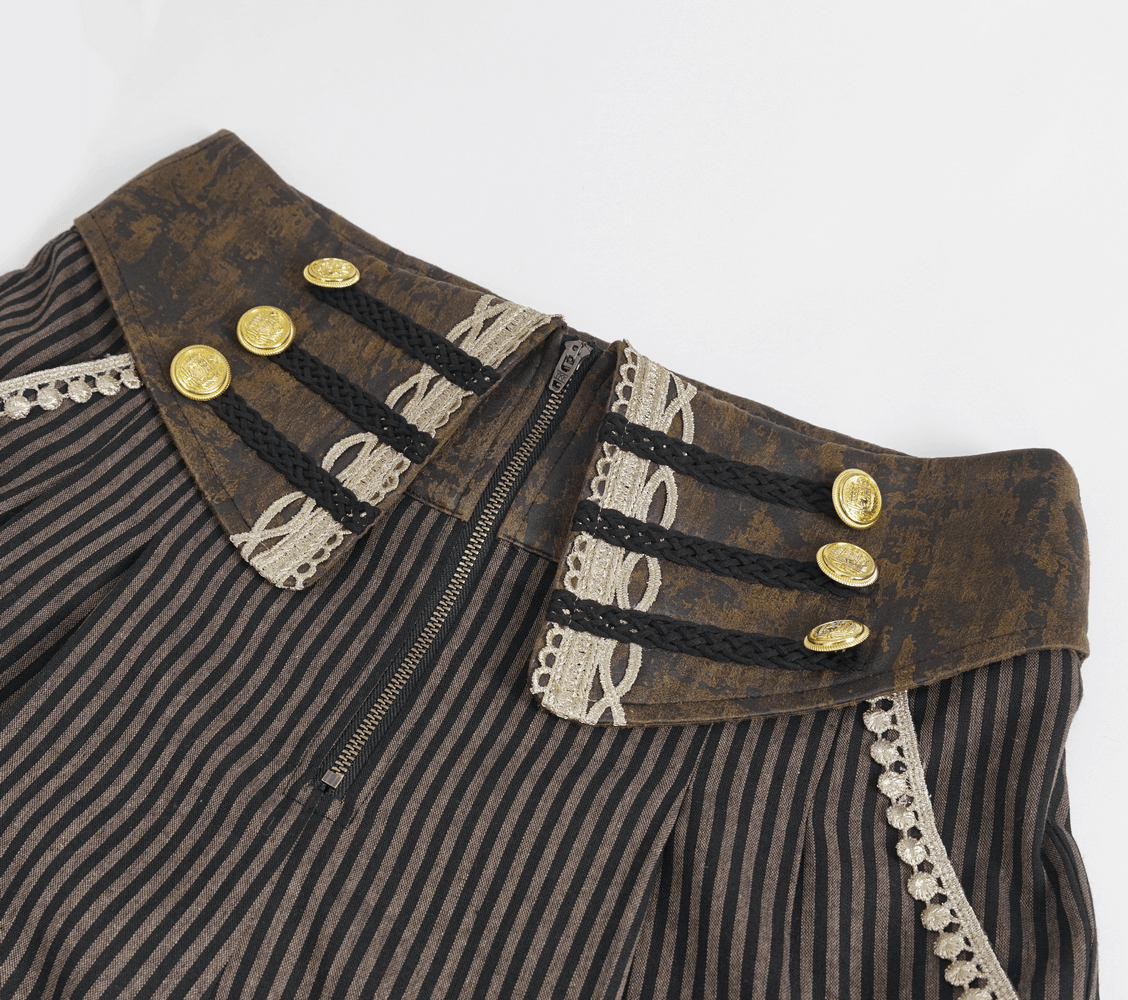 Close-up of high-waist trousers with nautical stripes and gold-tone button accents, showcasing elegant detailing.