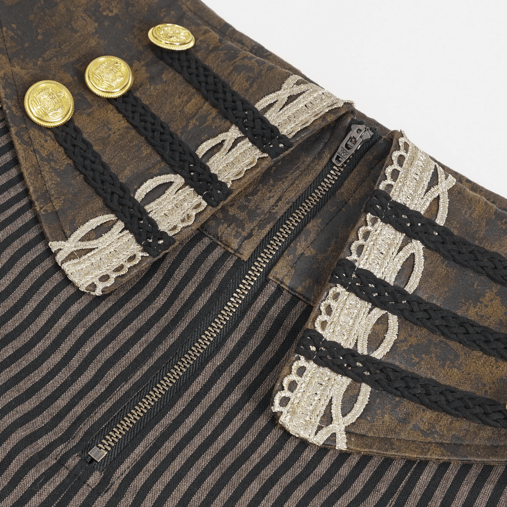 Close-up of male high-waist trousers with gold-tone buttons and intricate striped design.