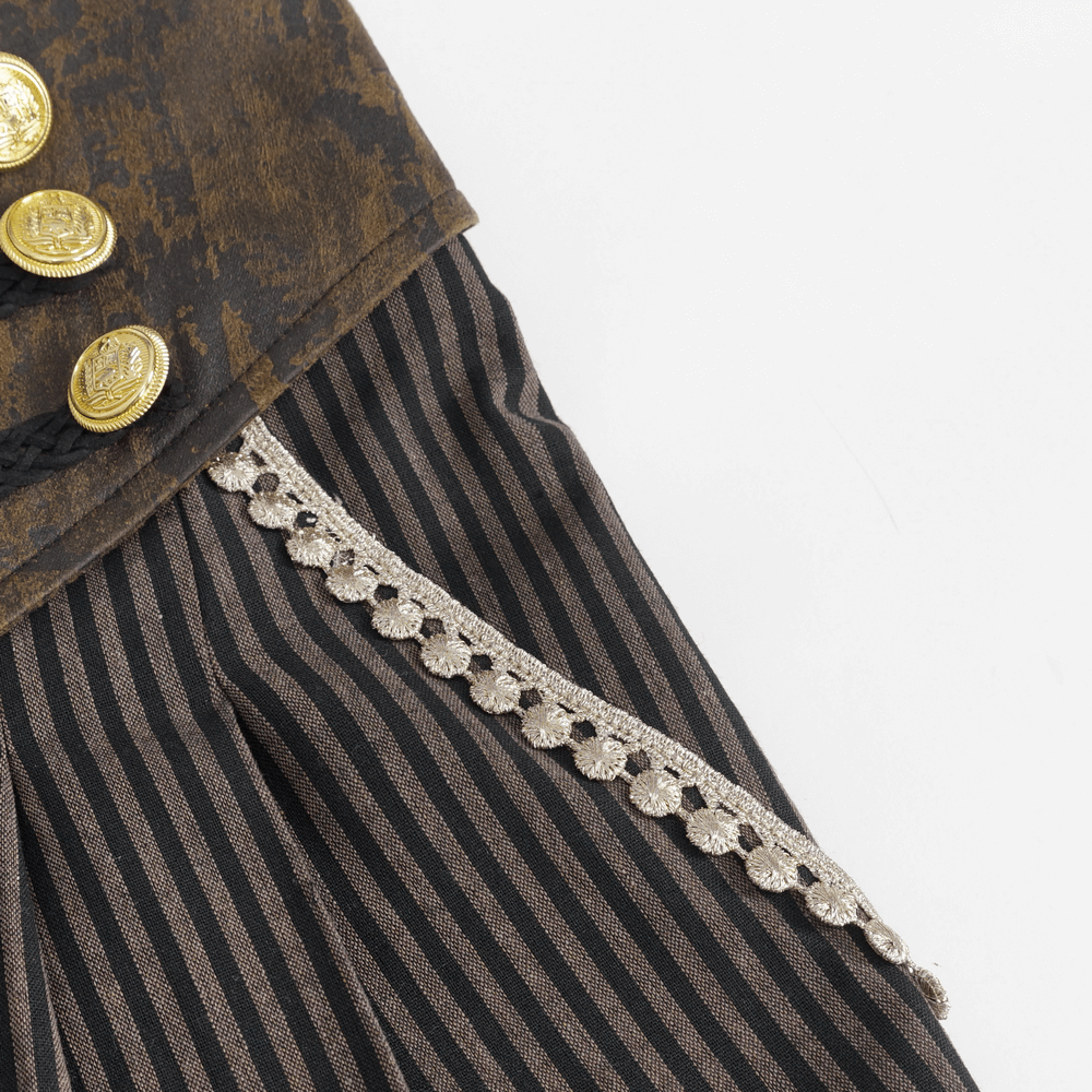 Close-up of high-waist trousers featuring gold-tone buttons and striped fabric detailing.