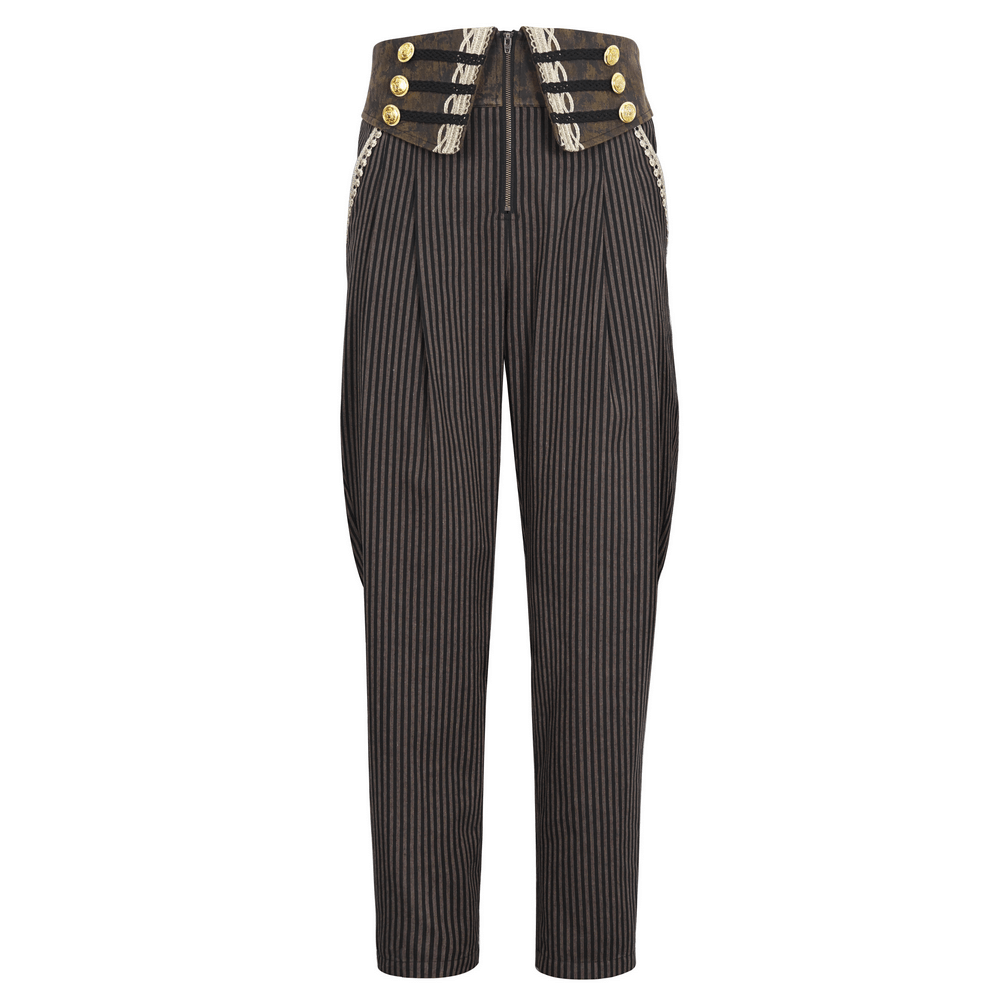 Male Striped High-Waist Trousers with Button Accents