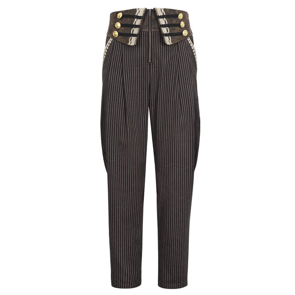 Male striped high-waist trousers with gold-tone button accents, perfect for casual and professional settings.