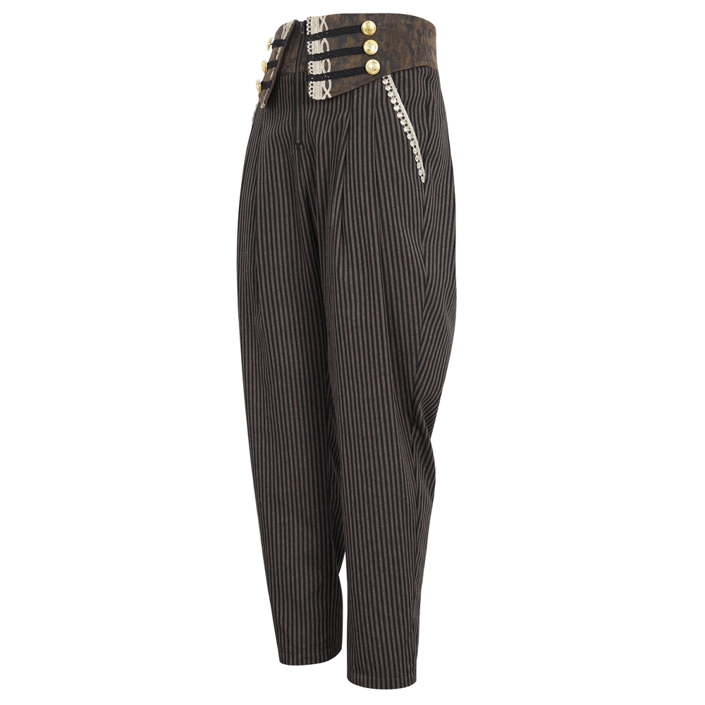Male striped high-waist trousers with gold-tone button accents in a sleek tailored fit.