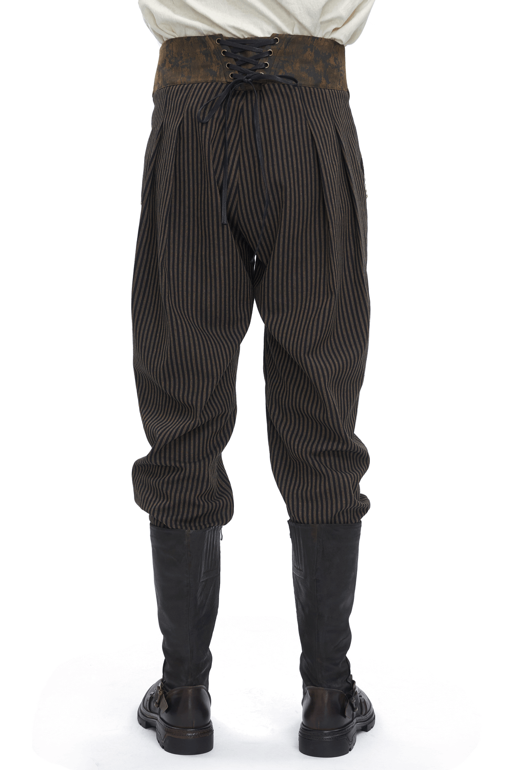 Nautical striped high-waist trousers with elegant button detailing, styled for versatility and flair.