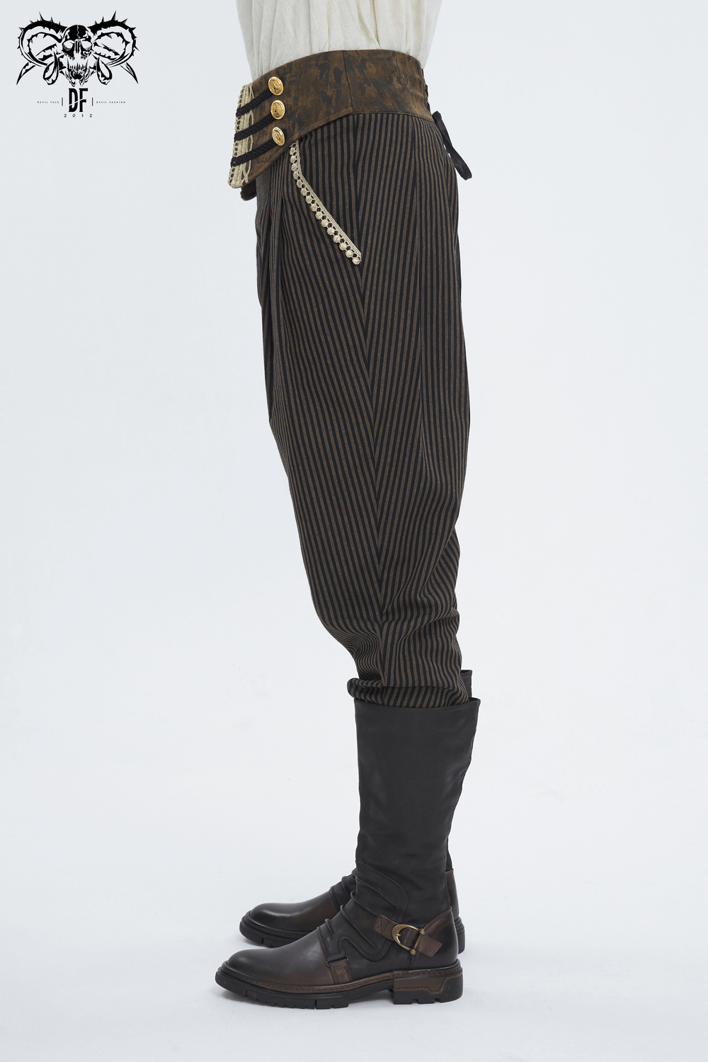 Side view of male high-waist striped trousers with gold-tone button accents and stylish knee-high boots.