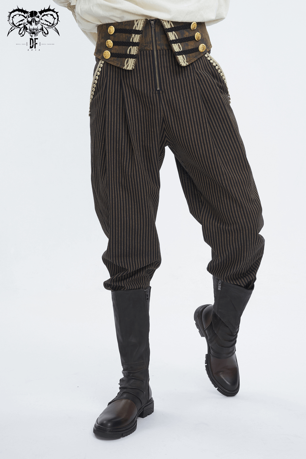 Male high-waist striped trousers featuring gold-tone button accents and stylish boots