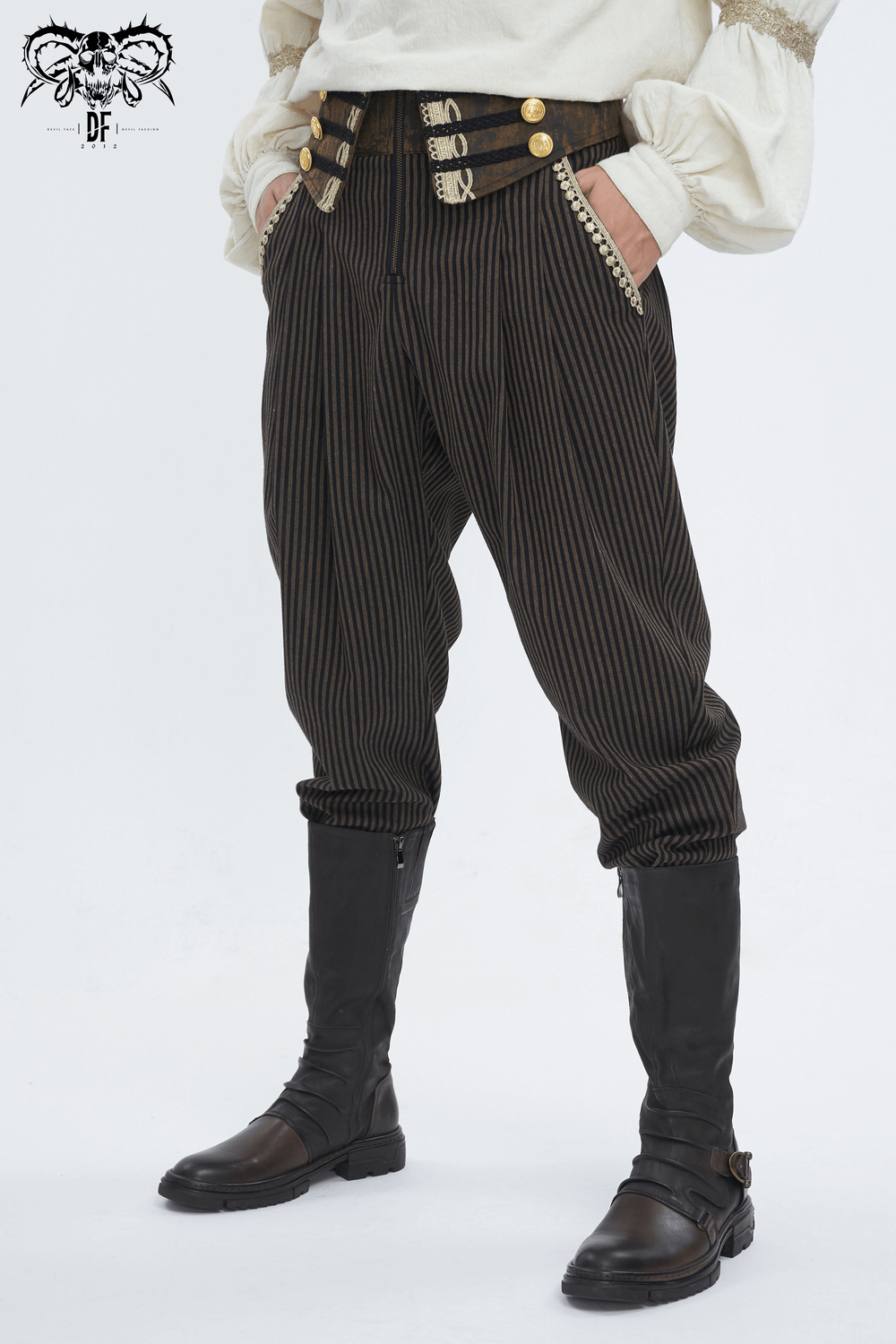 Male striped high-waist trousers with gold-tone buttons and tailored fit, perfect for any stylish occasion.